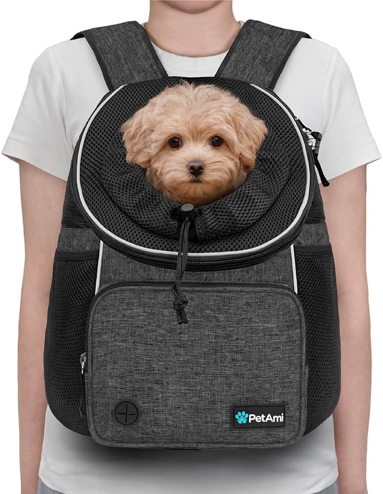 PetAmi Adjustable Dog & Cat Chest Carrier Backpack, Ventilated for Hiking & Camping, Small to Large Pets Up to 15 lbs, Dark Gray