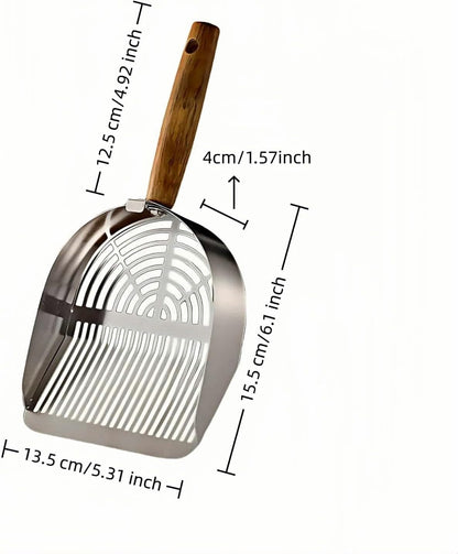 Premium Stainless Steel Cat Litter Scoop-Triple Guard Walls&Non-Stick Design,Silver,Flat Shovel Head Design Solid Deep Edge Wood Handle,Dual Hooks 1Pack,6.1x5.3inch (Silver long strip) (Silver)