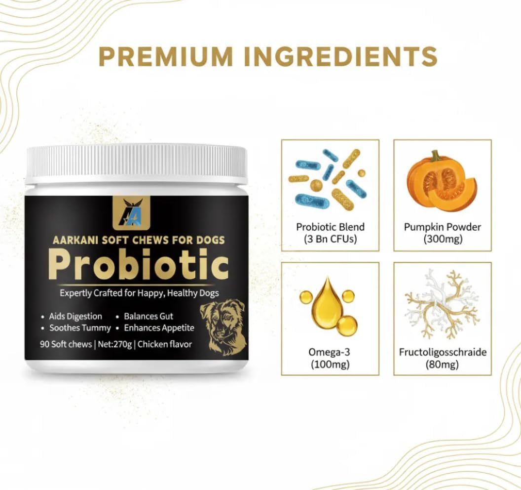 Aarkani Probiotic Supplement for Dogs – Promotes Digestive Health, Soothes Stomach, and Boosts Immunity – Chicken Flavor – Vet-Formulated– 90 Soft Chews