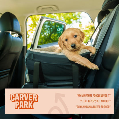 Center Console Dog Seat for Small Dogs & Cats | Pet Car Seat with Safety Strap & Cushion | Portable Middle Console Dog Bed | Secure Travel Booster Seat by Carver Park