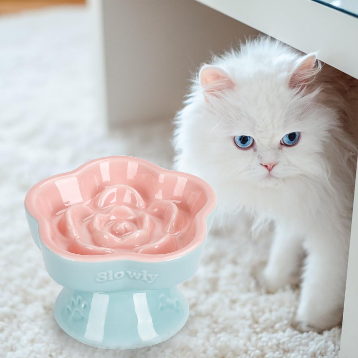 S&Q's CERAMICS Raised Slow Feeder Cat Bowl, Ceramic Elevated and Titled Glass Food Bowl Small Dogs Slow Feeder, Flower Shaped Cute Cat Dish for Dry and Wet Food (Pink, 5.8")
