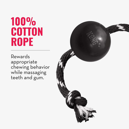 KONG Extreme Ball with Rope - Dog Fetch Toy with Rope for Easy Throwing - Durable Dog Ball Toy for Tug, Playtime & More s Most Durable Natural Rubber - Black - for Large Dogs
