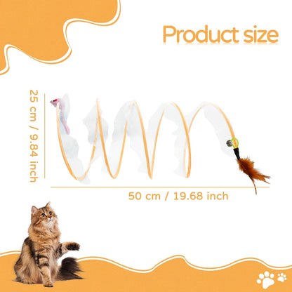 Andiker Cat Tunnel Toy, 10inch Collapsible Metal Cat Spring Toy with Nylon Mesh, Feather, Mouse, and Bell, Interactive Cat Toys for Indoor Cats to Scratch, Puzzle, Relax and Kill Time (Mouse)