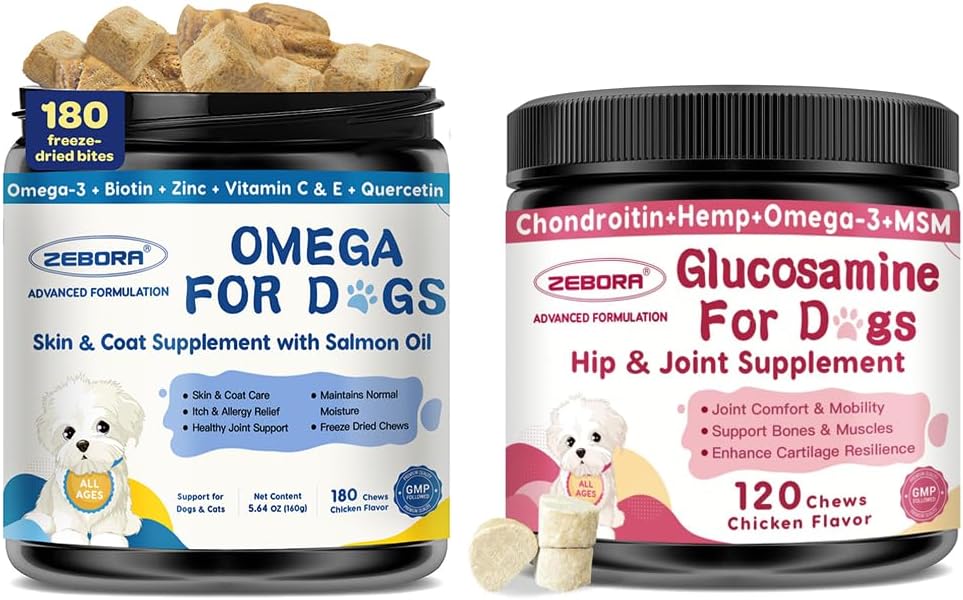 ZEBORA Salmon Oil & Glucosamine for Dogs, Omega 3 Fish Oil for Dogs Skin and Coat