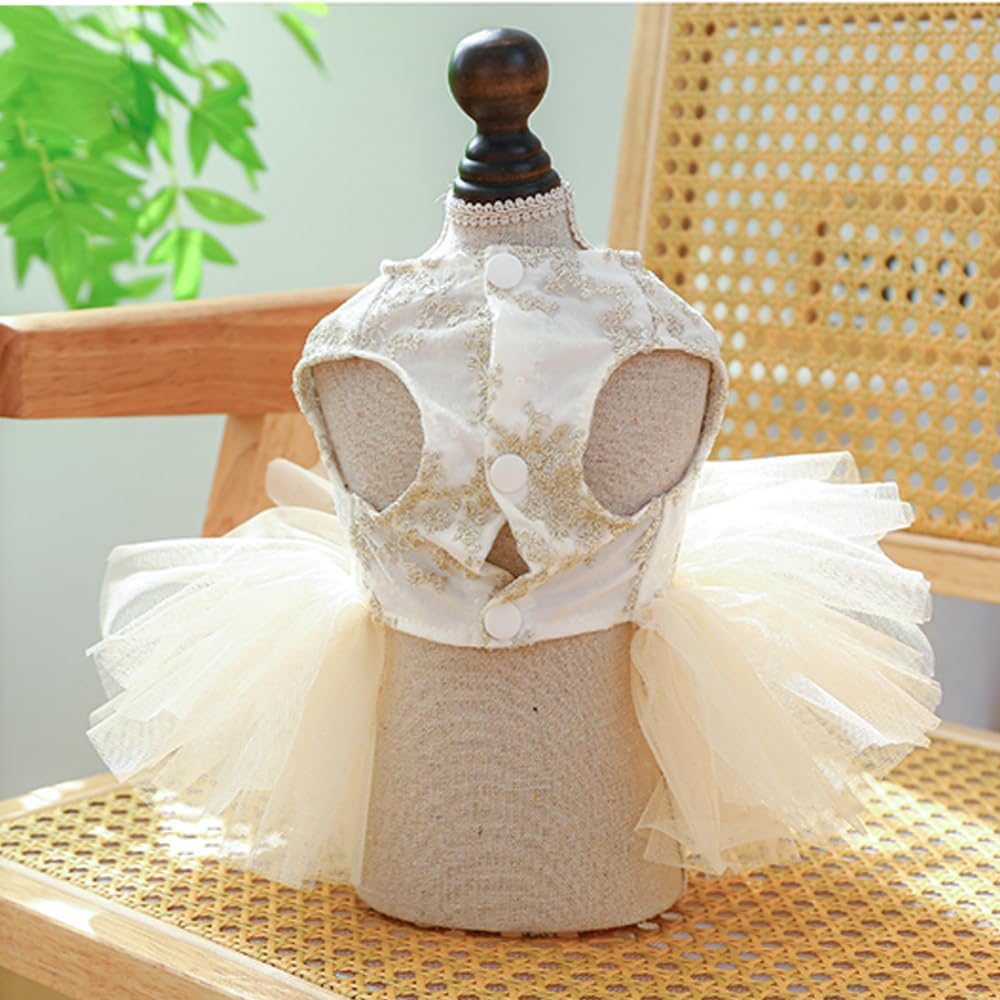 ANIAC Embroidered Dog Dress for Small Dog,Girl Puppy Princess Tutu Dress with Leash Ring,Cat Apparel,Chihuahua Yorkie Clothes for Birthday Wedding (Small, Champagne)