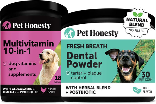 Dog Multivitamin + Dental Powder for Teeth Cleaning & Plaque Removal, 10 in 1 Vitamins for Health, Heart, and Immune Support