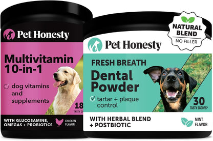 Dog Multivitamin + Dental Powder for Teeth Cleaning & Plaque Removal, 10 in 1 Vitamins for Health, Heart, and Immune Support