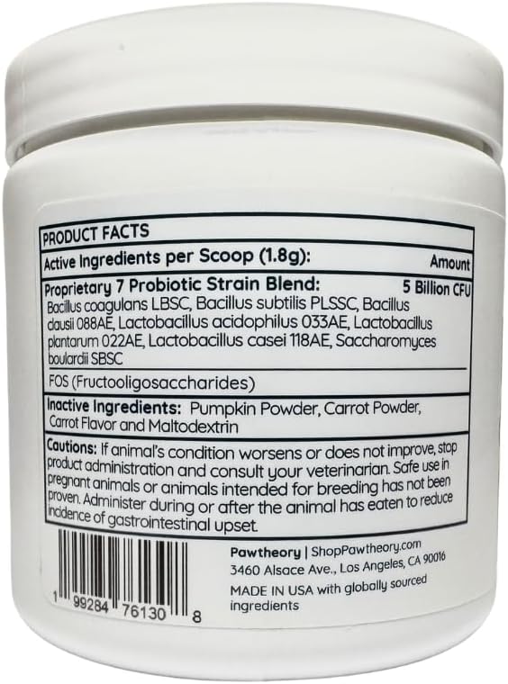 Apawthecary Probiotic and Prebiotic Supplement for Dogs, 5 Billion CFU, 7 Strains, Gut Health Support, 3.8 oz Powder with Pumpkin and Carrot