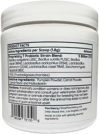 Apawthecary Probiotic and Prebiotic Supplement for Dogs, 5 Billion CFU, 7 Strains, Gut Health Support, 3.8 oz Powder with Pumpkin and Carrot