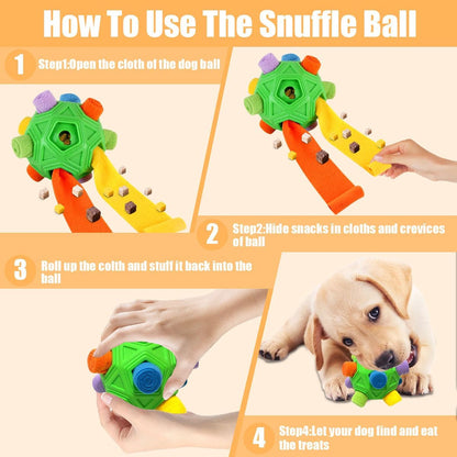 Dog Snuffle Ball-Interactive Puzzle Dog Toys Encourage Natural Foraging Skills Slow Feeder for Training and Stress Relief, Cloth Strip Hiding Food Chew Toys with Squeaky Carrot Toy for Any Size