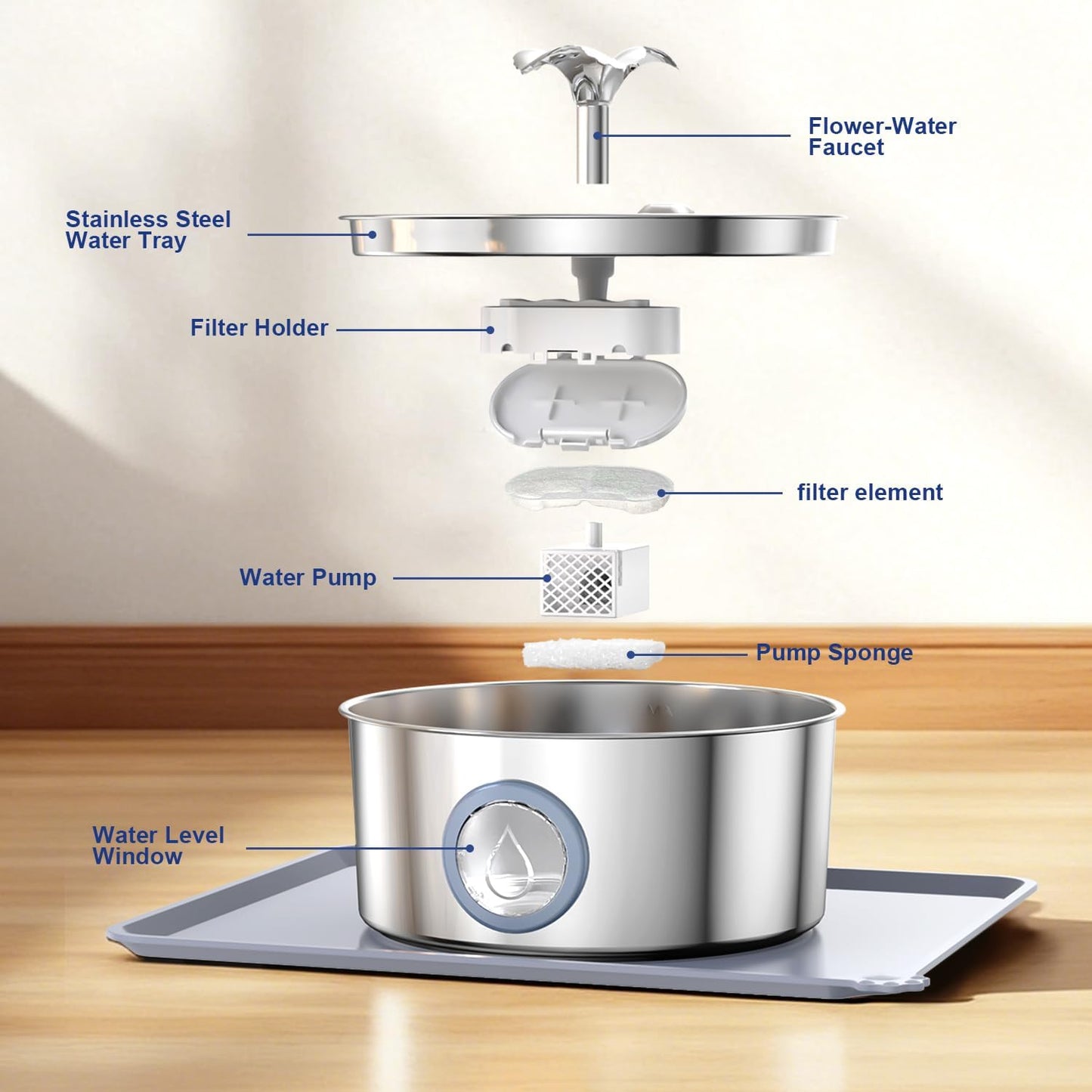 LucidShine 108oz/3.2L Stainless Steel Cat Water Fountain with 4 Replacement Filters, Ultra Quiet Automatic Pet Water Dispenser, Dishwasher Safe Metal Bowl for Cats & Dogs