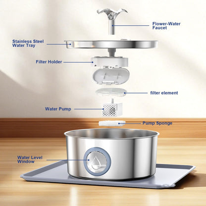 LucidShine 108oz/3.2L Stainless Steel Cat Water Fountain with 4 Replacement Filters, Ultra Quiet Automatic Pet Water Dispenser, Dishwasher Safe Metal Bowl for Cats & Dogs