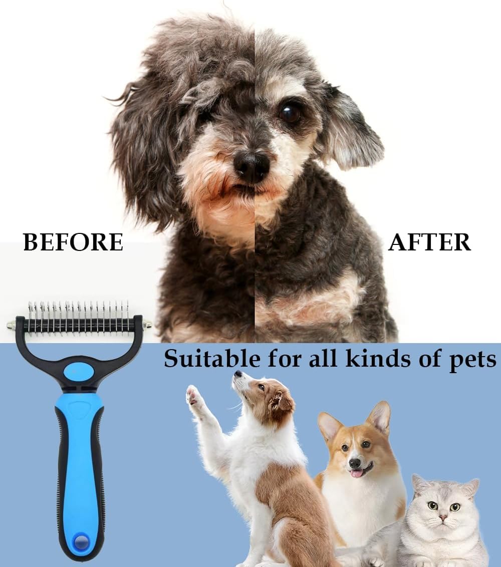 Professional Dog & Cat Grooming Kit - 2-in-1 Deshedding Brush & Dematting Comb for Long Haired Pets, Detangle Matted Fur, Reduce Shedding, Stainless Steel Tools