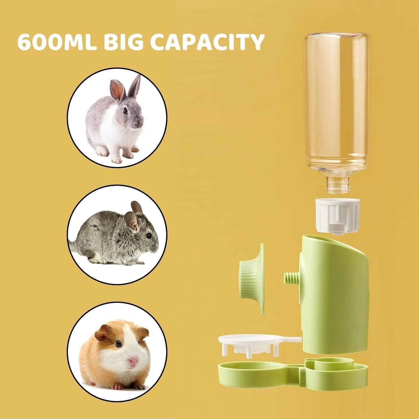 Rabbit Water Bottle, 600ml/21oz Hanging Water Dispenser Feeder Cage Crate Hutch Bunny Puppy Cat Chinchilla Ferret Guinea Pigs Squirrel Hedgehog (Green)