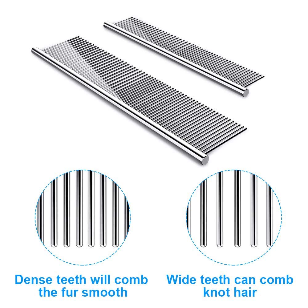 2 Pack Dog Combs with Rounded Ends Stainless Steel Teeth, Cat Comb for Removing Tangles and Knots, Professional Grooming Tool for Long and Short Haired Dog, Cat and other pets, 6.3IN/7.4IN
