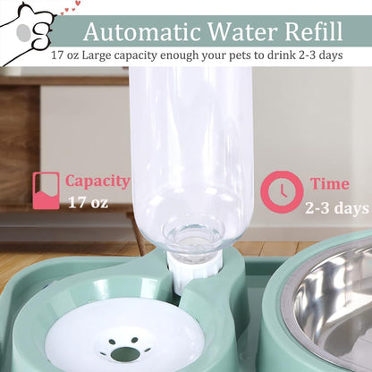 Dog Bowls, Non-Slip Puppy Cat Food and Water Bowl Set with Water Dispenser and Stainless Steel Bowl Detachable Gravity Pet Feeder and Waterer Set for Dogs (Green, 1000ML)