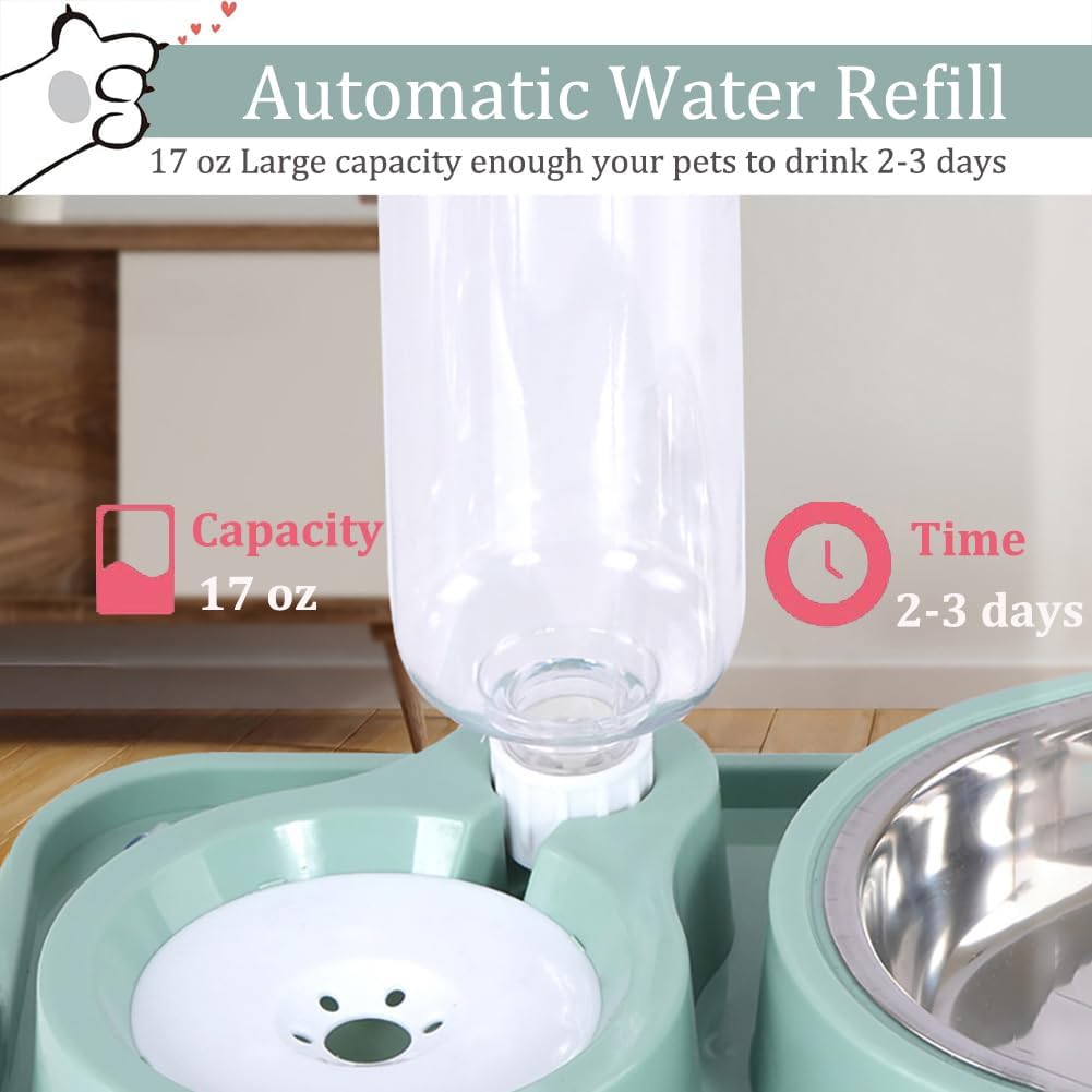 Dog Bowls, Non-Slip Puppy Cat Food and Water Bowl Set with Water Dispenser and Stainless Steel Bowl Detachable Gravity Pet Feeder and Waterer Set for Dogs (Green, 1000ML)