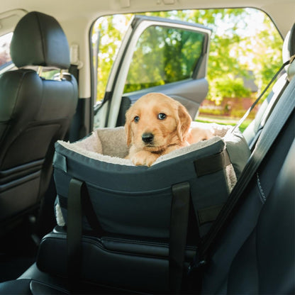 Center Console Dog Seat for Small Dogs & Cats | Pet Car Seat with Safety Strap & Cushion | Portable Middle Console Dog Bed | Secure Travel Booster Seat by Carver Park