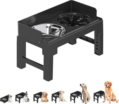 PAKEWAY Elevated Dog Bowls, Spill Proof, Tiltable Pet Feeder with 1 Slow Feeder Bowl &1 Stainless Steel Bowl, 6 Height Adjustable Raised Dog Bowls Stand for Medium Large Dogs