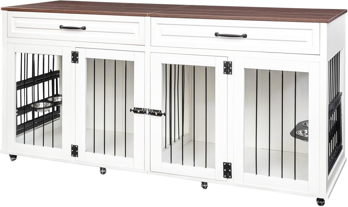 GREAZ Creates Stylish Comfort for Dogs with Heavy Duty Dog Cage, Double Door Design, Space-Saving Furniture Style, White and Walnut