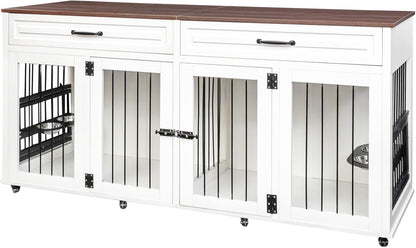 GREAZ Creates Stylish Comfort for Dogs with Heavy Duty Dog Cage, Double Door Design, Space-Saving Furniture Style, White and Walnut