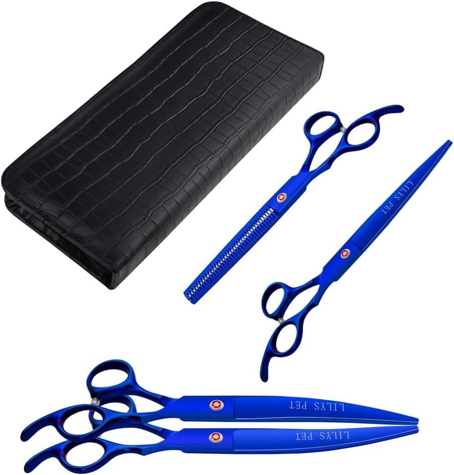 LILYS PET Professional PET DOG Grooming Coated Titanium scissors suit Cutting&Curved&Thinning shears (7.5 inches, Blue)…