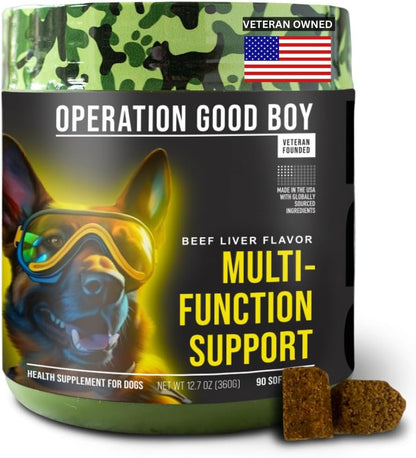 Operation Good Boy 10-in-1 Multivitamin for Dogs & Grenade Chew Toy Bundle – 90 Beef-Flavored Soft Chews with Glucosamine, Probiotics, Omegas, Enzymes & Vitamins – Natural Ingredients – Durable Treat-