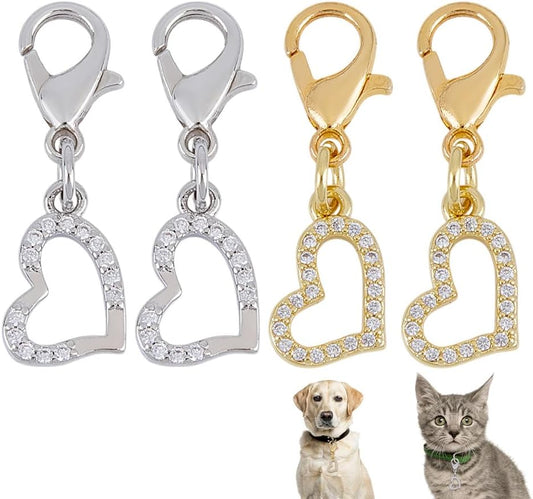 4pcs Heart Collar Pendants for Cat Dog Valentine Charms Brass Rhinestone Pet Collar Pendants Clip-on Charms for Bag Decor Keychain Pet Necklace Jewelry Making Training Home Decor