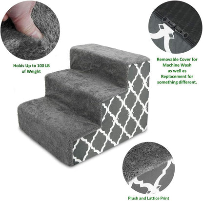 Best Pet Supplies Dog Stairs for Small Dogs & Cats, Foam Pet Steps Portable Ramp for Couch Sofa and High Bed Non-Slip Balanced Indoor Step Support, Paw Safe No Assembly - Gray Lattice Print, 3-Step