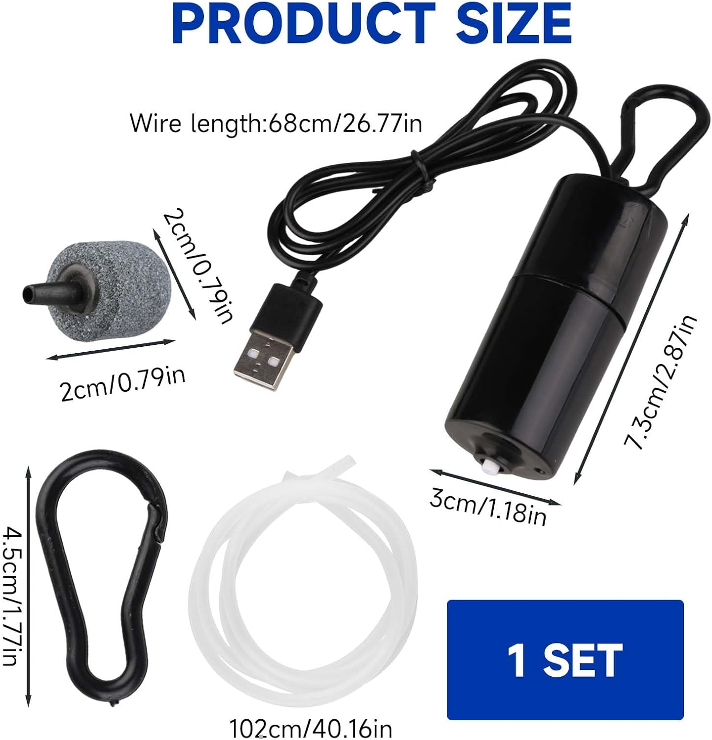 Mini Aquarium Air Pump 1W USB Fish Tank Oxygen Air Pump Portable Ultra Silent Air Aerator Pump for Up to 15Gallon Fish Tank Energy Saving Oxygen Bubbler with Air Stone and Single Outlet Silicone Tube