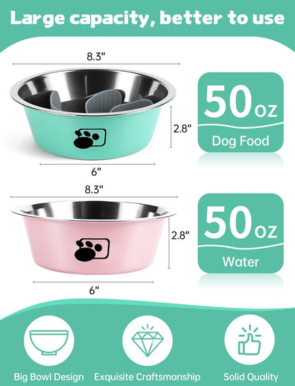 Slow Feeder Dog Bowls,6cups Large Capacity,Set of 2,Including Two Bowls and one Slow Feeder Insert,Suitable for Large and Medium-Sized Dogs