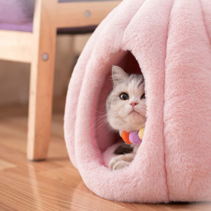 Cat Beds and Sofa Cave House Pumpkin Indoor Kennel with Detachable Cushion for Pets S