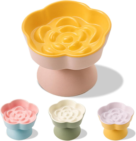 Tilted Cat Bowl, Flower-Shaped Ceramic Slow Feeder Cat Bowl, Raised Pet Bowl for Whisker Relief, Prevents Vomiting & Bloating, Non-Slip Base, Easy to Clean for Dry/Wet Food (Yellow & Beige)