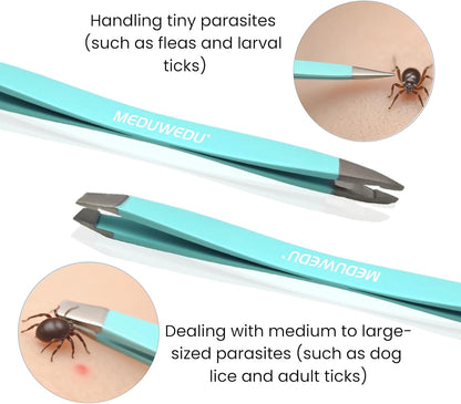 Tick Removal Tool Kit for Dogs, Cats & Humans – Stainless Steel Tick Tweezer, Fork & Dual-Head Clamp with Leather Pouch, Safe & Easy Tick Remover for Pets, Ideal for Grooming & Outdoor Travel