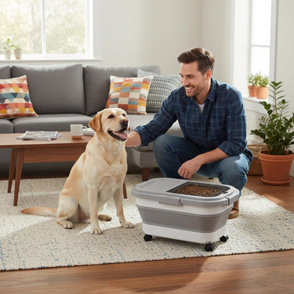 15 Lbs Dog/Cat Food Storage Container,Collapsible Food Storage Containers with Rolling Wheel Airtight Locking Lid,Pet Food Storage Container with Cup and Scoop,Grey