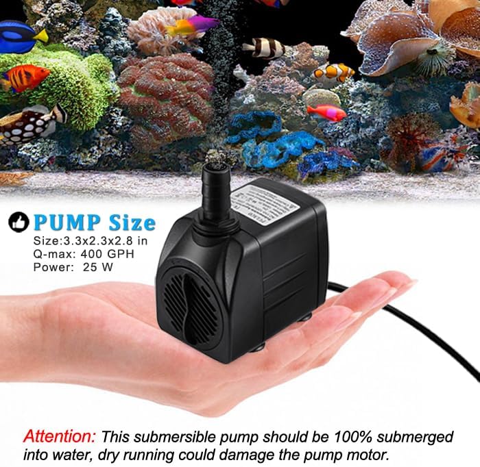 PULACO 400GPH Submersible Pump with 5 ft Tubing, (1500L/H 25W) durable fountain water pump for Pond Fountain, Aquariums Fish Tank, Statuary, Hydroponics