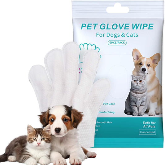 Pet Glove Wipes,Dog and Cat Cleaning Gloves, Cleaning Glove for Dog and Cat, Fur Face, Ears, Eyes, Pet Grooming Wipes, Nourishing Fur, for Daily Care and Travel, No Rinse(6PCS)