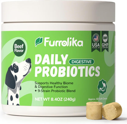 Furrolika Probiotics for Dogs – Made in The USA – Digestive Probiotics for Gut Health, Immune Support & Diarrhea Relief – Beef Flavor – 60 Soft Chews