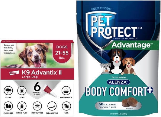 Bundle of K9 Advantix II Large Dog 21-55 lbs.- | 6-Mo Supply + Pet ProtectBody Comfort+ Supplement for Dogs | 60 Chews