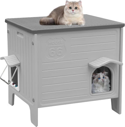 Plastic Cat House Outdoor & Indoor, Feral Cat Houses with Escape Door, Waterproof Outdoor Cat House for Feral Cats, Outside Cat Shelter for Small Pet, Assemble Easily-Grey