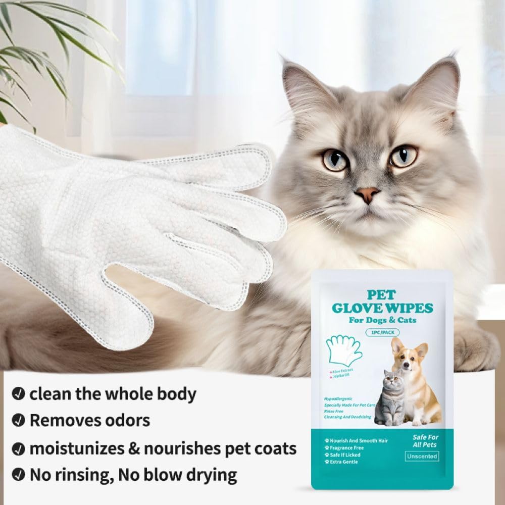 Pet Cleaning Glove Wipes for Dogs & Cats 6 PCS Individual Packed Unscented Dog Wipes Cleaning Deodorizing Gloves Pet Face and Body Disposable Bathing Wet Glove Wipes for Fur Ears Paws Butt