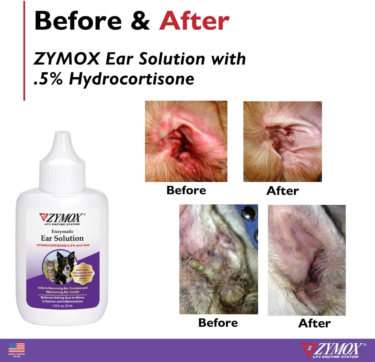 ZYMOX Enzymatic Ear Solution with 0.5-Percent Hydrocortisone, for Dog & Cat, 1.25 oz