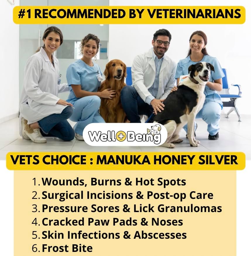 Well-Being Manuka Honey Silver Rapid Wound Repair Ointment for Dogs, Cats and Horses Superior Healing Qualities for Rapid Repair of Cuts, Surgical Inscisions, Abrasions Prevents Infection 2 Ounce