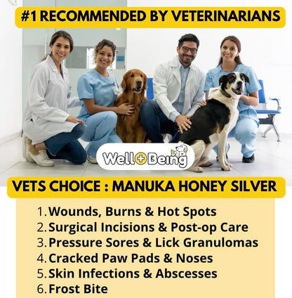 Well-Being Manuka Honey Silver Rapid Wound Repair Ointment for Dogs, Cats and Horses Superior Healing Qualities for Rapid Repair of Cuts, Surgical Inscisions, Abrasions Prevents Infection 2 Ounce