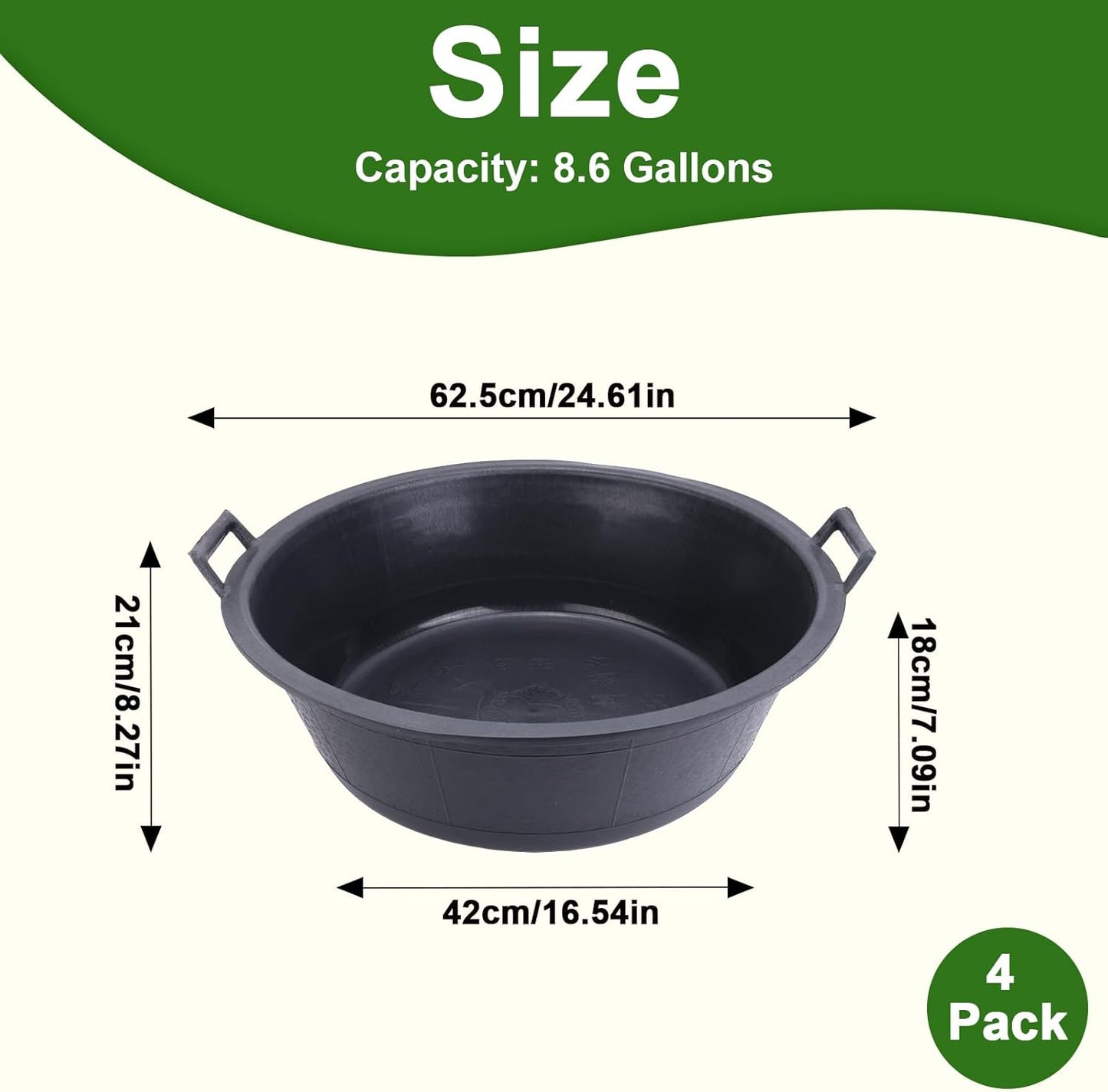 4Pcs Large Rubber Feed Pan with Handle, 8.6 Gallon/ 34 Quart Rubber Feed Pan Utility Horse Feed Bucket for Cats Dogs Goats Chicken Dust Bath Container Animal Feeding Watering Bowl