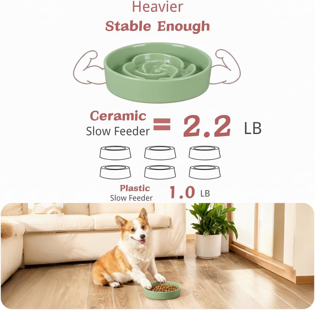 TRUVIC Ceramic Slow Feeder Dog Bowls, 1.5 Cup Puzzle Slow Feeder Bowls for Fast Eaters, Ceramic Dog Food Dish no Black Chin, Puzzle Bowl for Medium Dogs, Green