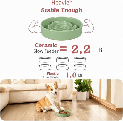 TRUVIC Ceramic Slow Feeder Dog Bowls, 1.5 Cup Puzzle Slow Feeder Bowls for Fast Eaters, Ceramic Dog Food Dish no Black Chin, Puzzle Bowl for Medium Dogs, Green