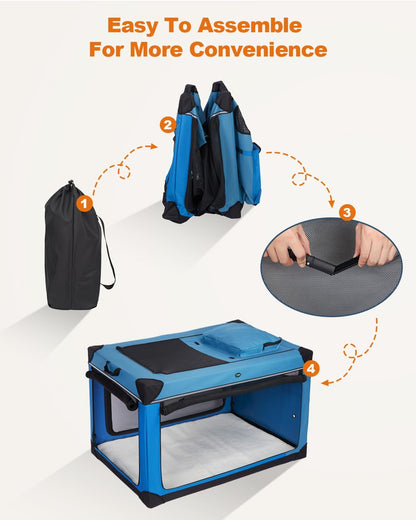 Ownpets 48 inch XXL Collapsible Dog Crate for Large Dogs, Portable Travel Dog Crate, 4-Door Foldable Pet Kennel with Durable Mesh Windows and Soft Mat, Blue