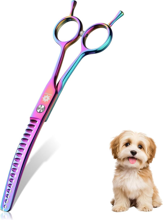 6.5"/8.0'' Professional Chunker Shear Twin Tail Downward Curved Pet Grooming Thinning/Blending Scissors Dog&cat Grooming Chunkers Shear (6.5 inches) Rainbow