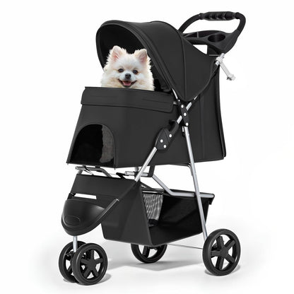 MoNiBloom Foldable Pet Stroller with Weather Cover, 3 Wheels Pet Strolling Cart for Small/Medium Dogs and Cats with Storage Basket and Cup Holder, Breathable and Visible Mesh for All-Season, Black
